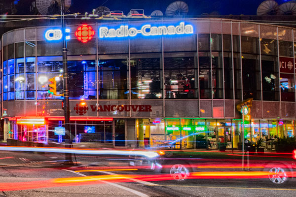 night time photo of CBC Radio building in Vancouver