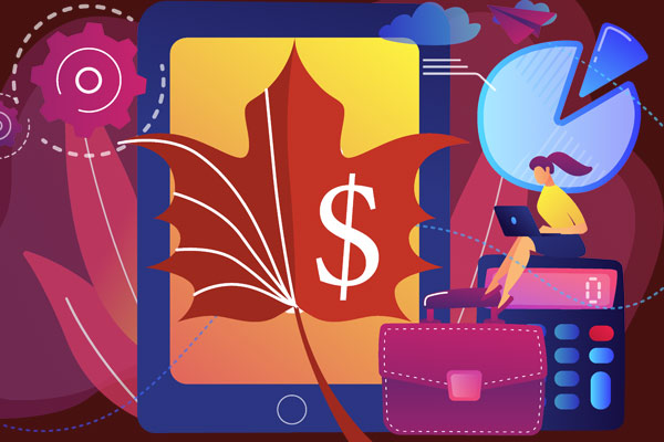 Illustration of a women with a laptop surrounded by charts and graphs and a maple leaf with a dollar sign on it