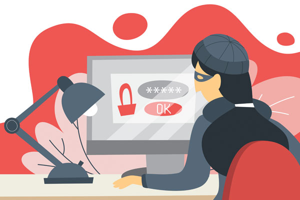 A stylized drawing of a woman in a mask logging onto a secure page on a computer