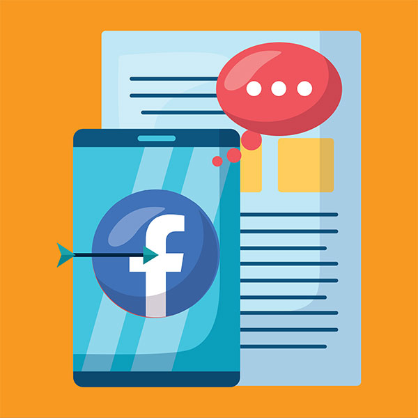 Illustration of a mobile phone and website page with apps open, and a Facebook logo with an arrow on it indicating it's a target